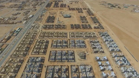 Rafha Housing Project. Large construction project in the desert of Saudi Arabia. Video stock 116409911