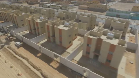 Rafha Housing Project. Large construction project in the desert of Saudi Arabia. Video stock 116410024