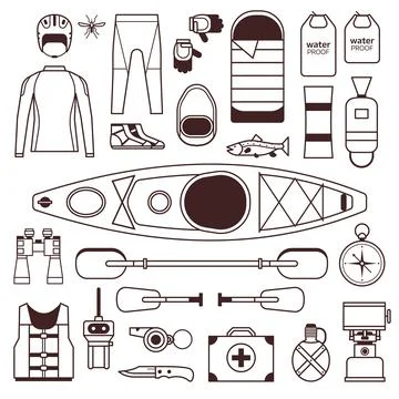 Rafting and Kayaking Elements Set in Line Art Illustrazione stock