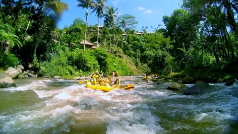 Rafting boat on river captured from another rafting boat. Stock Footage 113396846
