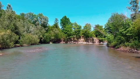Rafting on a catamaran on a mountain river. View from quadrocopter. Stock Footage 97628041