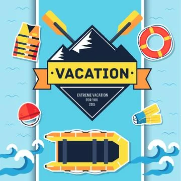 Rafting elements on blue background poster in sticker style design. Vector Stock Illustration