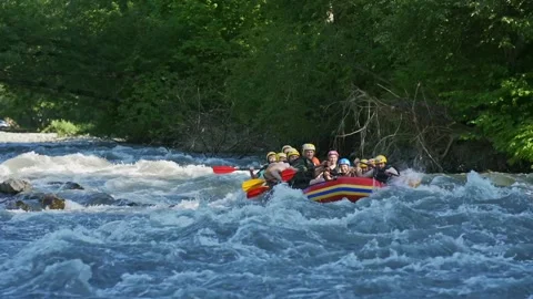 Rafting with a fun team on a mountain river Stock Footage 160605780