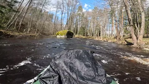 Rafting on a kayak, packraft on a rough river in spring in Karelia, sunny day, 4 Video stock 274295083