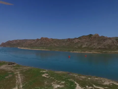 Rafting on the river. Aerial view. Stock Footage 75743403