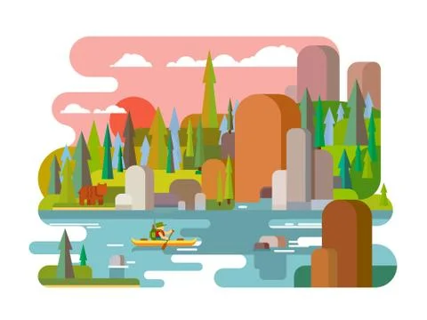 Rafting on river flat style Stock Illustration