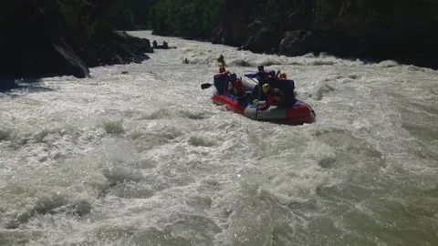 The rafting team descends the rough rapids in the mountain river with paddles. Stock-Footage 237691815