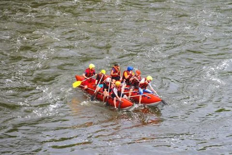 Rafting tourists with an experienced instructor on the river southern bug Stock Photos