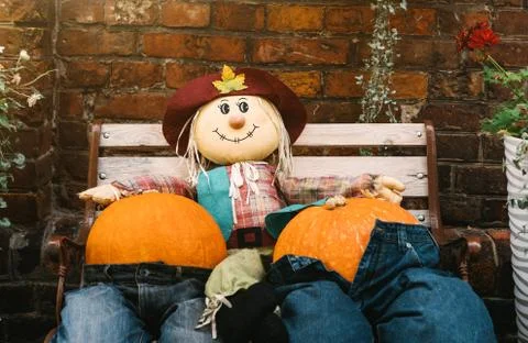 A rag scarecrow and two pumpkins in jeans are sitting on a bench. Stock Photos