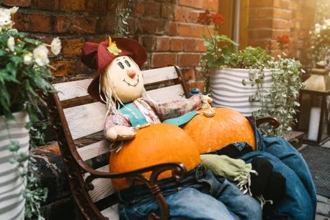 A rag scarecrow and two pumpkins in jeans are sitting on a bench. Foto stock