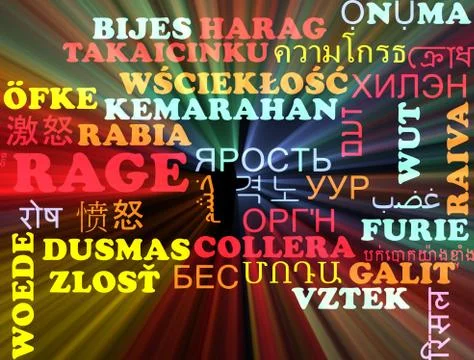Rage multilanguage wordcloud background concept glowing Stock Illustration