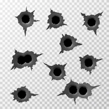 Ragged Bullet Hole. Torn surface from bullet. Ripped metal on transparent bac Stock Illustration