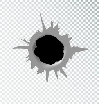 Ragged hole torn in torn metal yin bullets on a transparent background. Vector Stock-Illustration