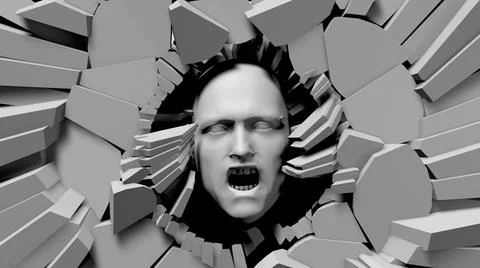 Raging 3D Head on broken Texture wall Stock Illustration