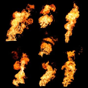 Raging fire spurts of flame texture photo set on black Stock Photos