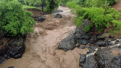 Raging flood waters flowing down a river in Ethiopia Stock Footage 276844372