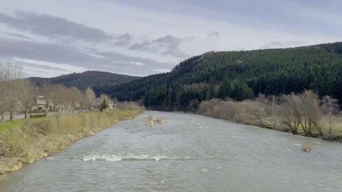 Raging mountain river. Full mountain river. The water is seething on the river Stock Footage 267875571