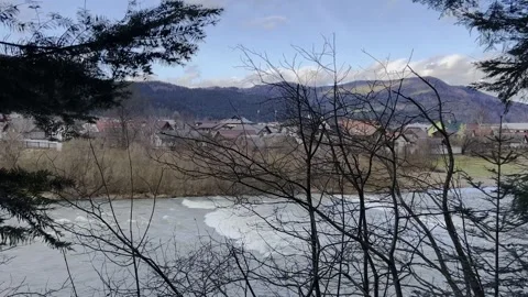 Raging mountain river. Full mountain river. The water is seething on the river Stock Footage 278867885
