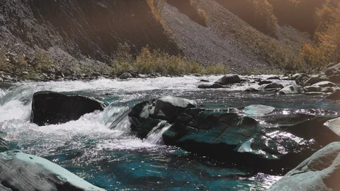 Raging Mountain river. Wildness of clean, clear water in the mountain river Stock Footage 92547550