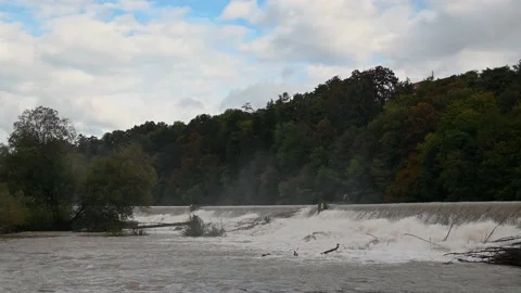 Raging rapids river flows on man made cascades Stock Footage 139945134