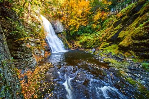 Raging waterfall into large valley of cliffs, moss, and golden fall leaves Stock Photos