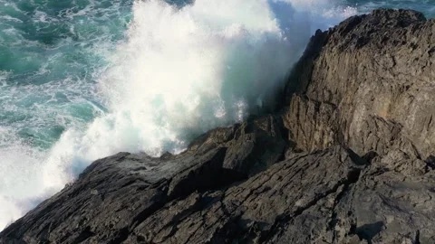 Raging Waves Breaking On The Rugged Shore. Slow Motion Stock Footage 286816312