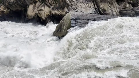 Raging White Water River in Narrow Gorge Crashing Against Rock Stock Footage 340130741