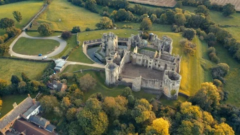 Raglan castle aerial golden hour Stock Footage