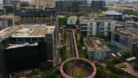 Raheja Mindspace IT Park with Roundabout, skywalk bridge, under construction Stock Footage 341686034