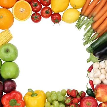Rahmen aus Früchte, Obst und Gemüse mit Textfreiraum Gesunde Ernährung Rah Stock Photos