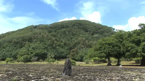 Raiatea hill beyond marae Stock Footage 5503775