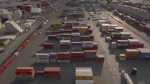 Rail And Freight Yard With Containers In Transit, Auckland, New Zealand Stock Footage 213126317
