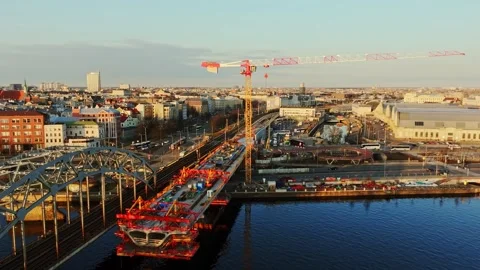 Rail Baltica Bridge Construction Hyperlapse Over Daugava River in Riga Latvia Stock Footage 337560955