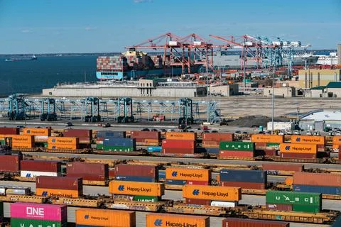 Rail Cargo Containers and Cranes Stock Photos