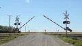 Rail crossing with sound of train coming. Gates lowering. HD Footage