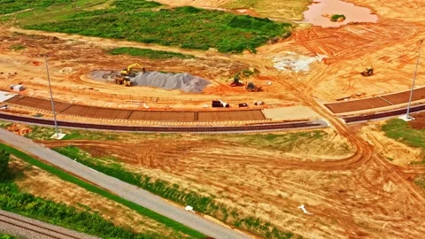 Rail infrastructure development working on a new track line Stock Footage 327556669