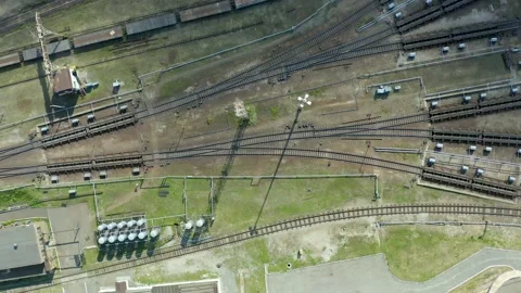 Rail interchange yard, view from top vertically downwards. A large transport hub Stock Footage 133177882