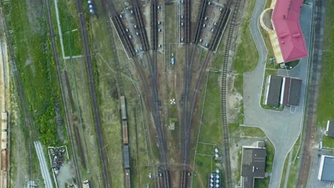 Rail interchange yard, the view from top vertically downwards. A large transport Stock Footage 133178826