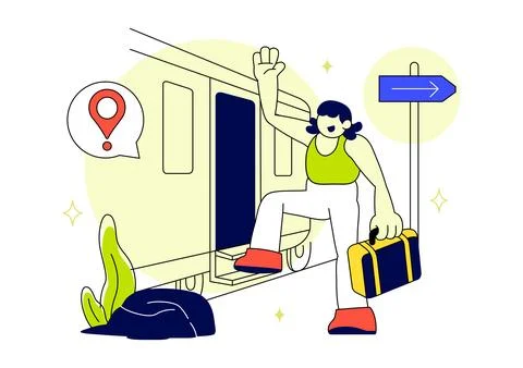 Rail Journeys Vector Illustration Featuring Scenic Train Travel, Railway Tr.. Stock-Illustration