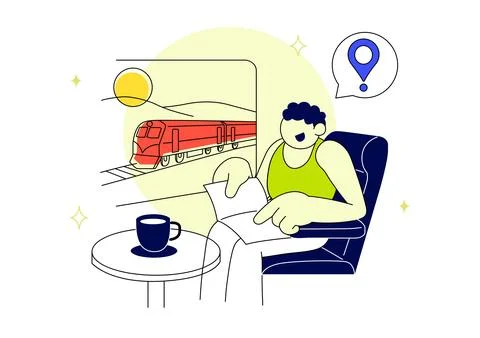 Rail Journeys Vector Illustration Featuring Scenic Train Travel, Railway Tr.. Stock-Illustration
