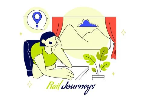 Rail Journeys Vector Illustration Featuring Scenic Train Travel, Railway Tr.. Stock-Illustration
