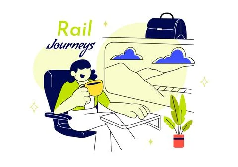 Rail Journeys Vector Illustration Featuring Scenic Train Travel, Railway Tr.. Stock-Illustration