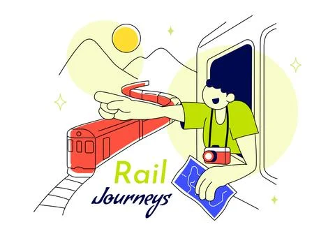 Rail Journeys Vector Illustration Featuring Scenic Train Travel, Railway Tr.. Stock-Illustration