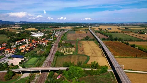 Rail line 4k Aerial flight view-Valdichiana valley Tuscany Italy Stock Footage 237875331