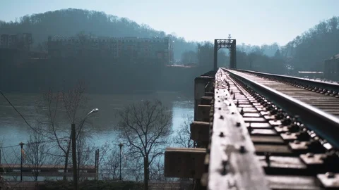 Rail line bridge over river Stock Footage 102332678
