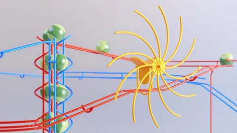 Rail marble run machine. Steel track rolling ball sculpture. Wire marble race. Stock Footage 256058657