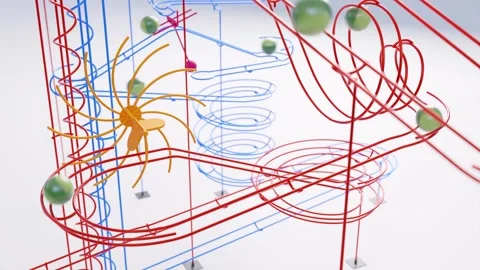 Rail marble run machine. Steel track rolling ball sculpture. Wire marble race. Stock Footage 256058717