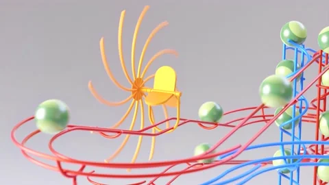 Rail marble run machine. Steel track rolling ball sculpture. Wire marble race. Stock Footage 256058723