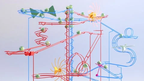 Rail marble run machine. Steel track rolling ball sculpture. Wire marble race. Stock Footage 256058729