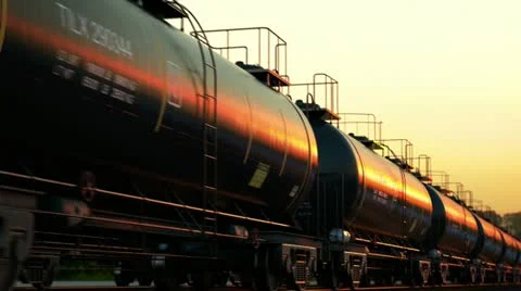 Rail oil car. Crude oil petrol gas cargo transportation. Industrial freight. Sun Stock Footage